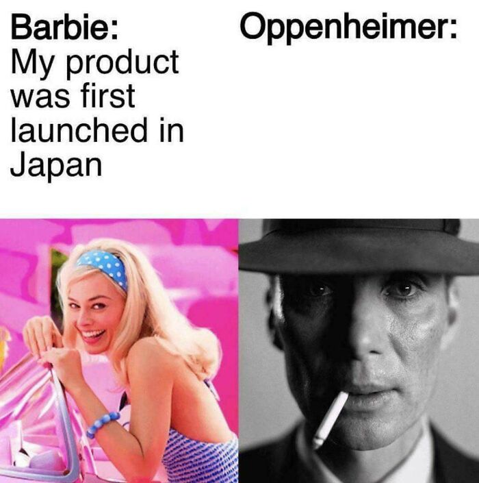 Barbie and Oppenheimer meme juxtaposing product launch in Japan, humorously explaining history.