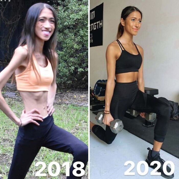 Women in real life: Transformation from 2018 to 2020, showing fitness progress with weights in a gym setting.