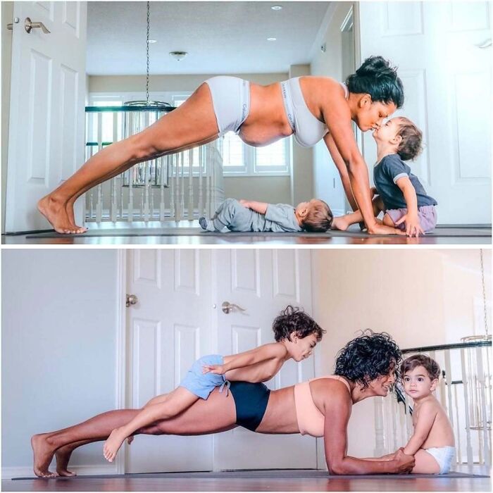 Women doing plank exercises with children, showcasing balance and strength in everyday life indoors.