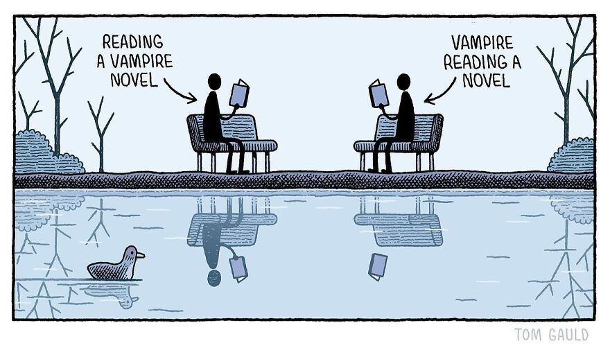 Comic by Tom Gauld featuring a person reading a vampire novel, reflected as a vampire in a humorous setting.