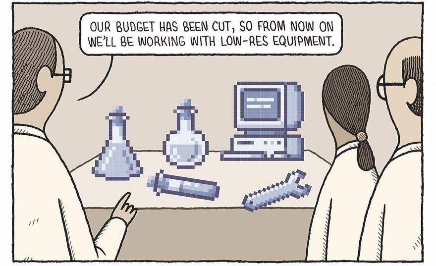 Scientists with low-res equipment joke, humorous comic by Tom Gauld.