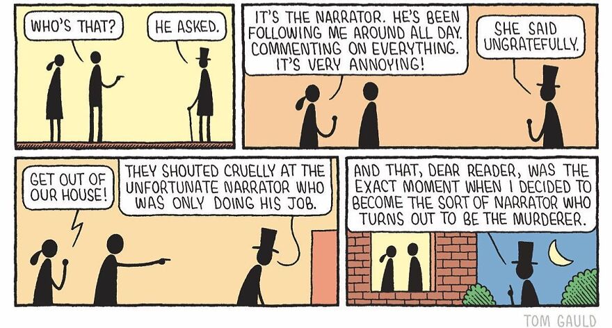 Humorous comic by Tom Gauld featuring a narrator interaction with characters, highlighting a quirky and witty storyline.