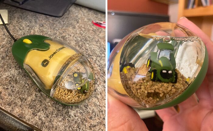 Novelty mouse with tiny tractor inside, showcasing a humorous gift idea for in-laws.