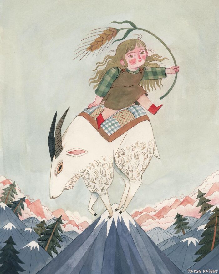 Wholesome illustration by Taryn Knight of a girl riding a goat atop a mountain, surrounded by scenic pine trees.