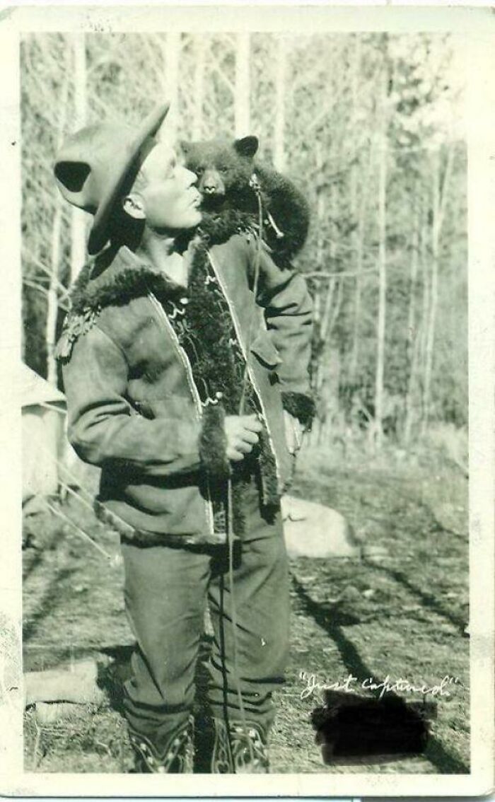 My Great-Grandpa Doing Mountain Man Stuff With His Pet Bear Cub. (1910)