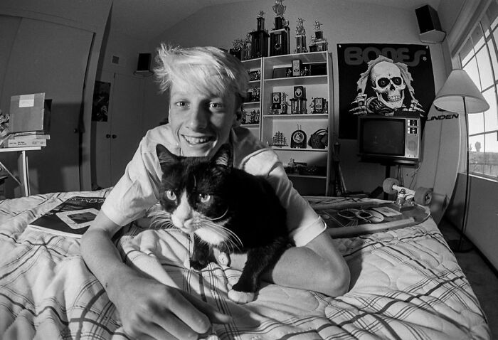 Tony Hawk With His Cat Zorro In His Room, 1985. Swiped From His Instagram