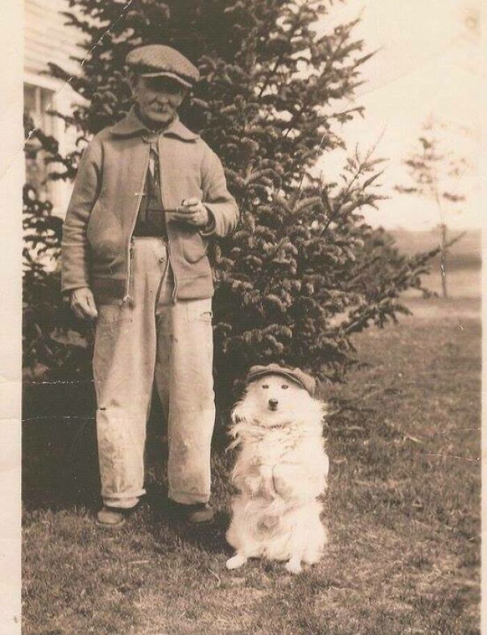 My Great Great Grandfather And Dog Both With Hats Early 1930s, Maine