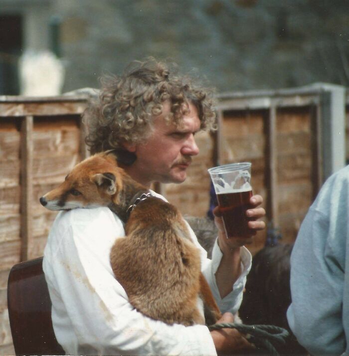 A Former Teacher Of Mine Drinking A Pint With His Pet Fox, Gemima. Circa 1980