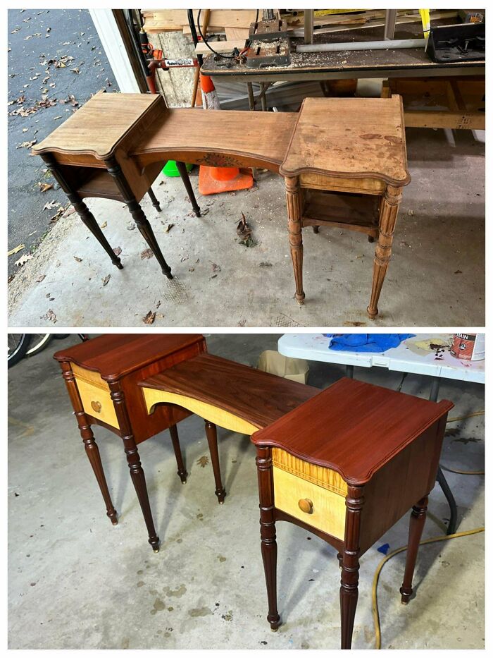 Old furniture restoration showing a vanity before and after refinishing, highlighting the transformation process.