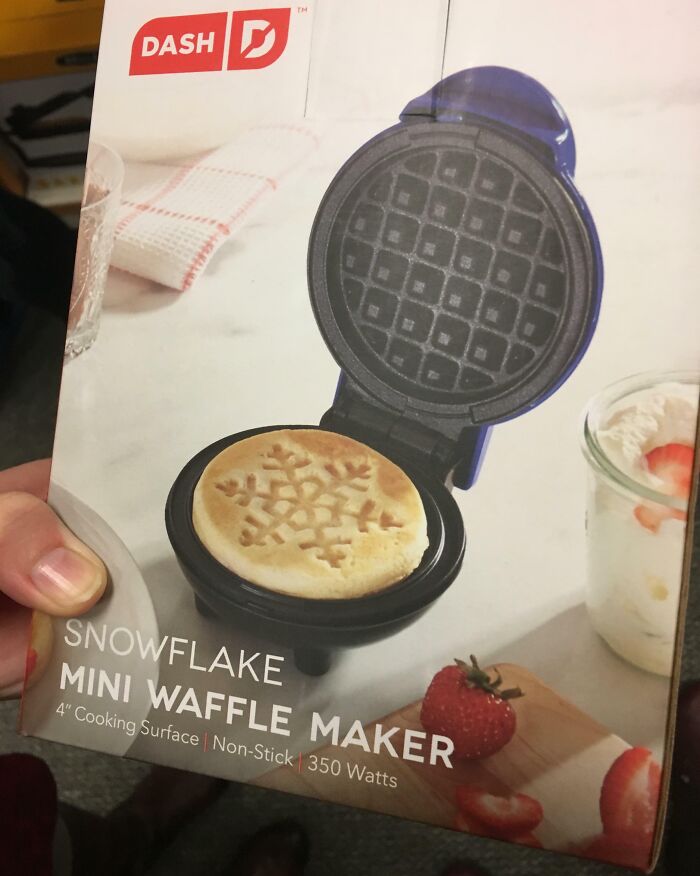 Snowflake waffle maker packaging shows a pancake instead, highlighting a funny ad fail.