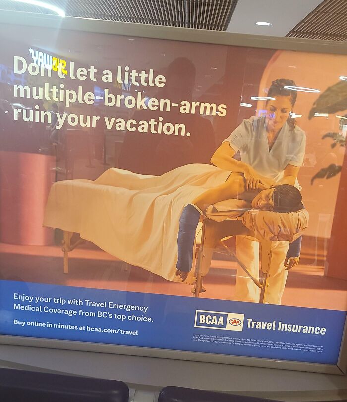 Ad for travel insurance with humorous text about "multiple-broken-arms" ruining vacation.