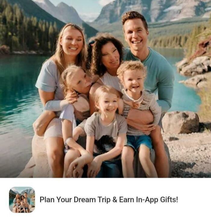 Happy family posing by a lake, with the text “Plan Your Dream Trip & Earn In-App Gifts!” showcasing funny ad fails.