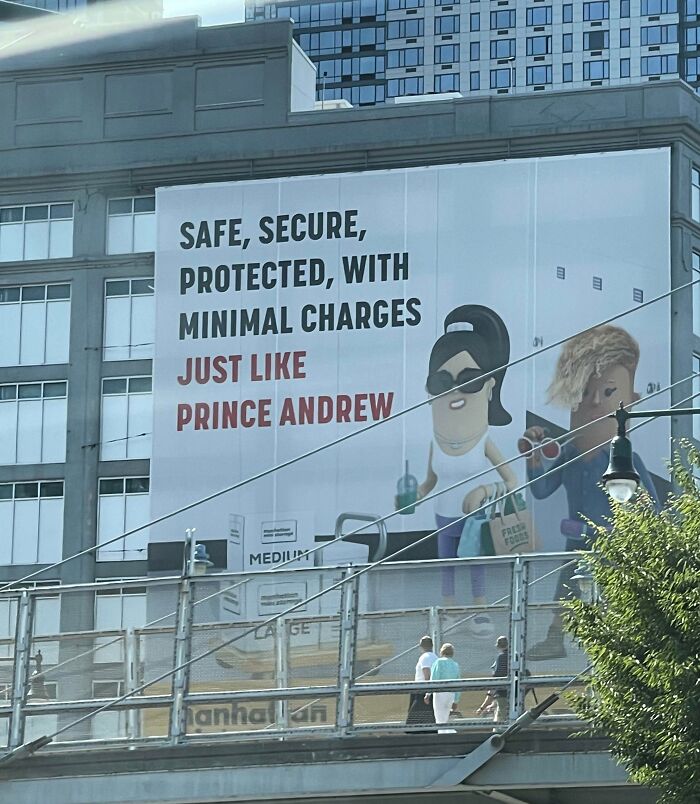 Billboard with a funny ad fail comparing minimal charges to Prince Andrew, featuring cartoon characters.