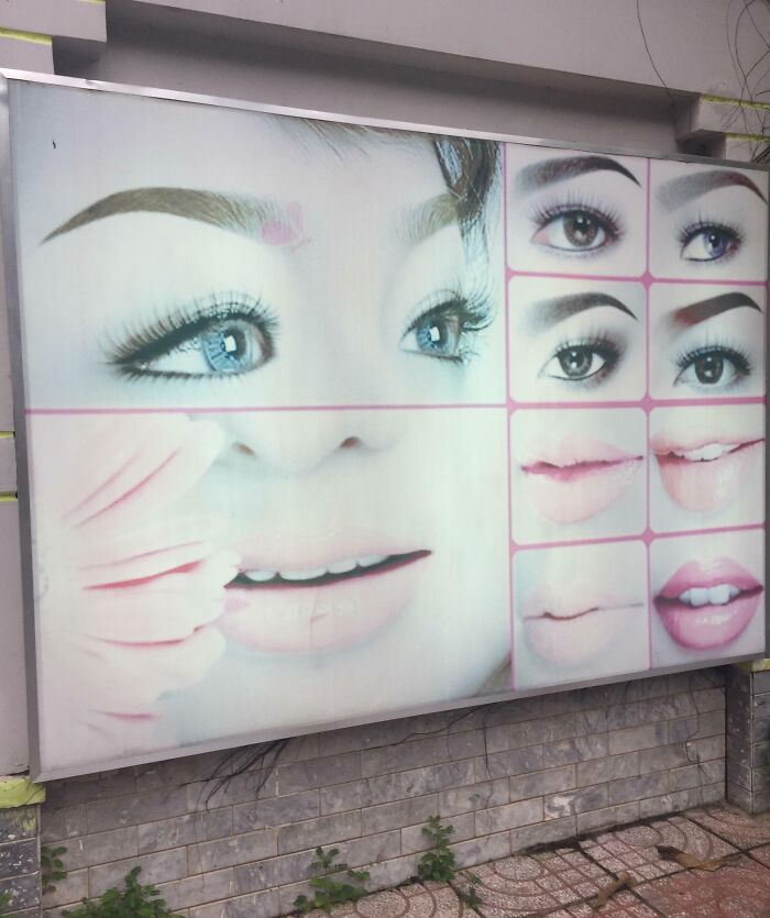 Billboard showing funny ad fails with exaggerated makeup and facial features.