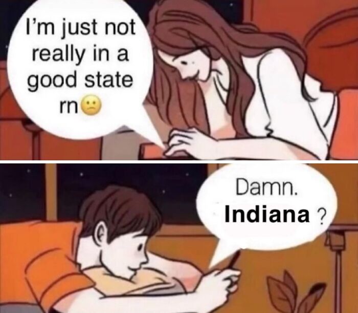 Cartoon highlighting Midwest humor with a woman texting about not feeling good and a man responding, “Damn. Indiana?”