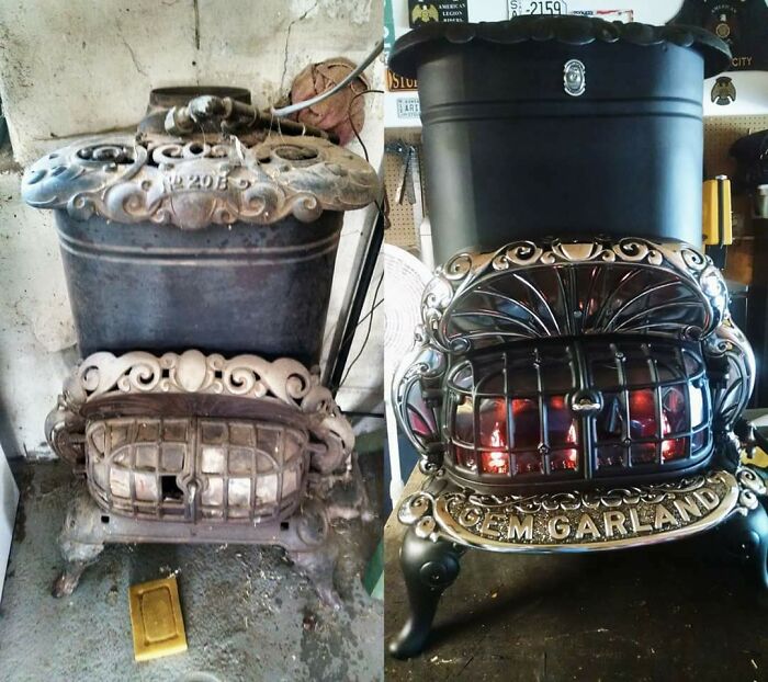 Restored antique stove before and after, showcasing old things restoration process.