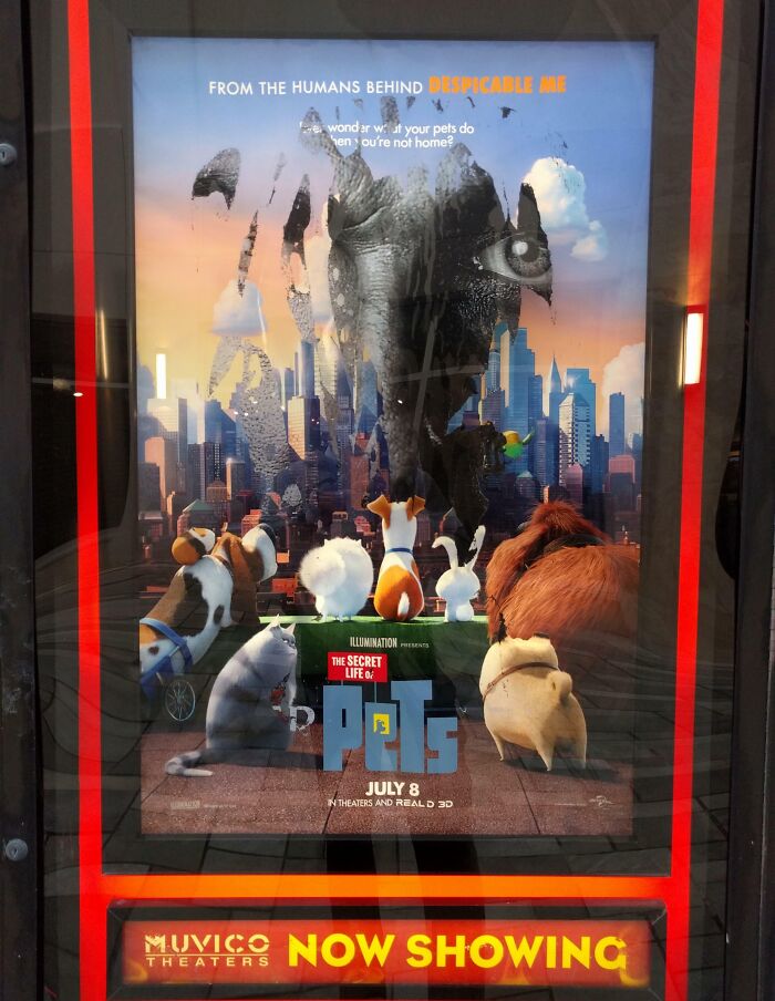 Funny ad fails with a distorted poster for "The Secret Life of Pets" on display at a theater.