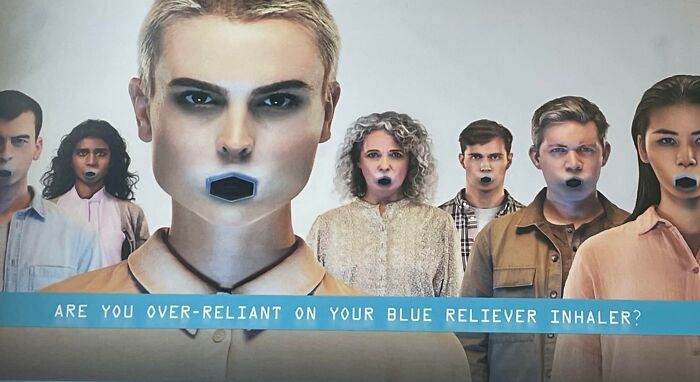 Group of people with blue lips; humorous ad fail about inhaler reliance.