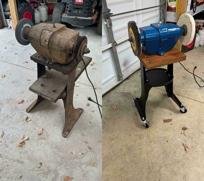 Old machine restoration showing a rusty grinder transformed into a polished, functional tool.