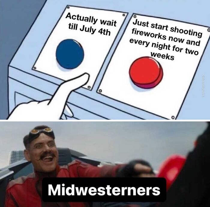 Meme highlighting Midwest culture with a choice between waiting or starting fireworks early.