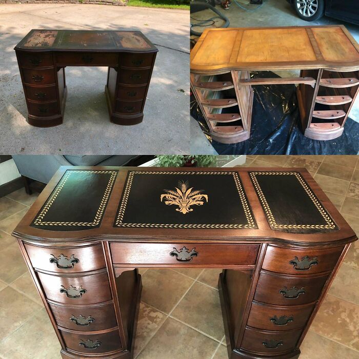 Old desk restoration showing before, during, and after renovation with polished wood and intricate design details.