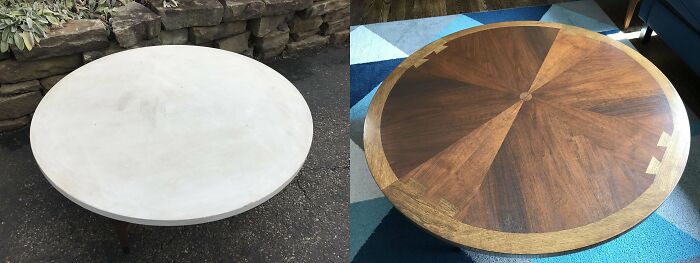 Restored round wooden table showcasing old-things restoration transformation and intricate wood pattern design.