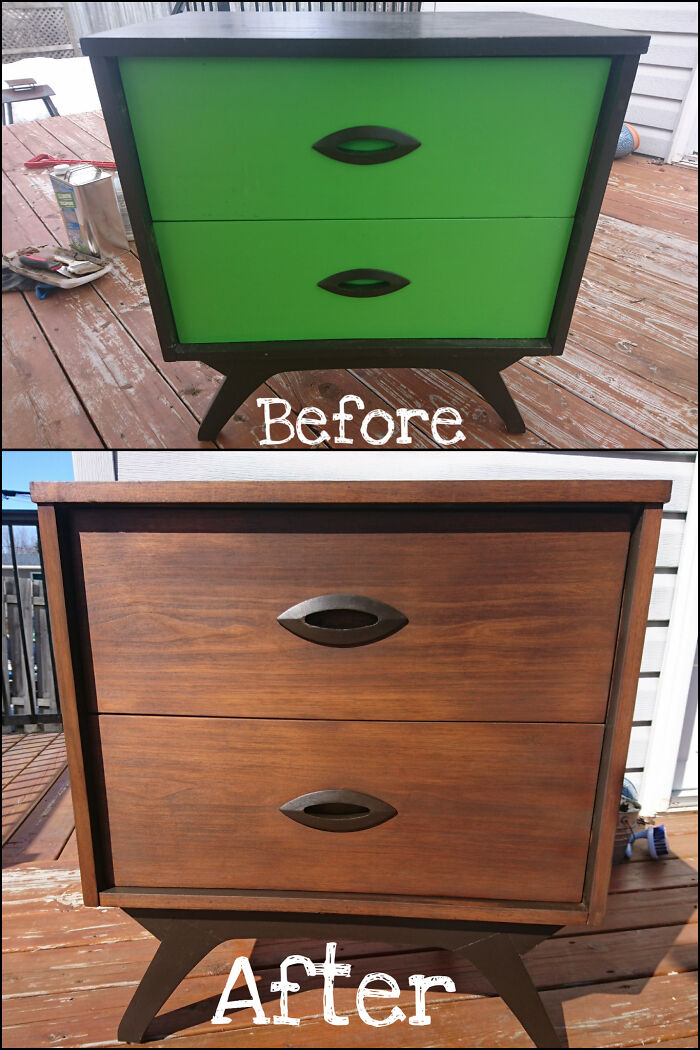 Before and after of a restored vintage dresser showing dramatic transformation.