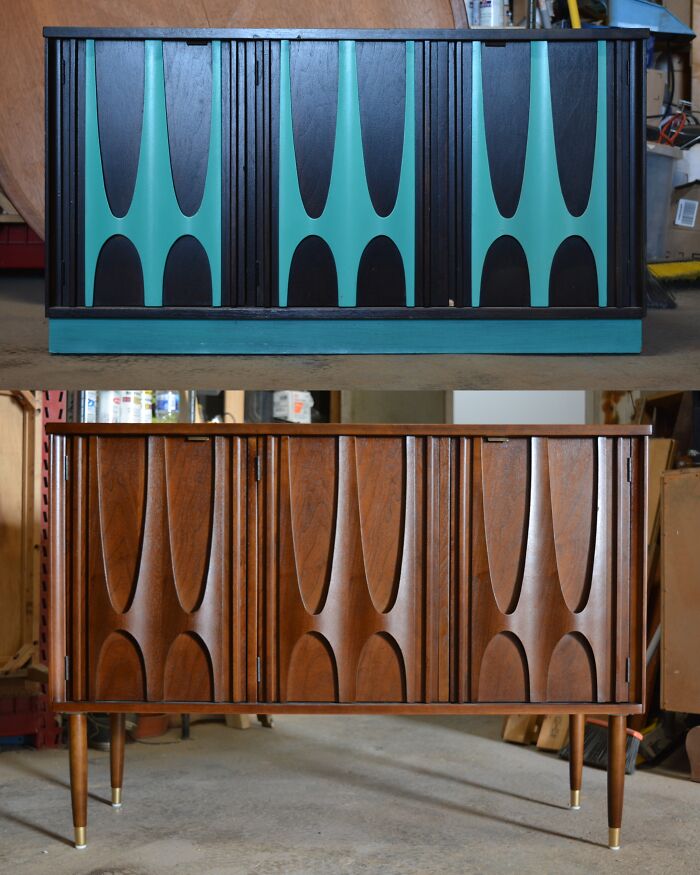 Restored vintage cabinet showing before and after transformation in a workshop setting.