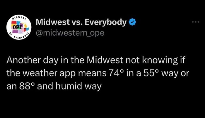 Tweet humorously discussing unpredictable Midwest weather differences.