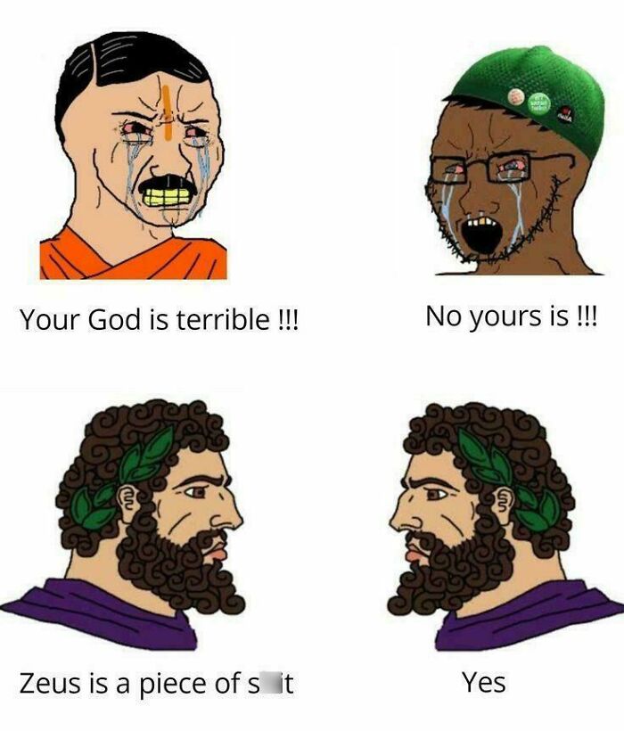 Historical meme depicting debates between gods, featuring humorous comparisons.