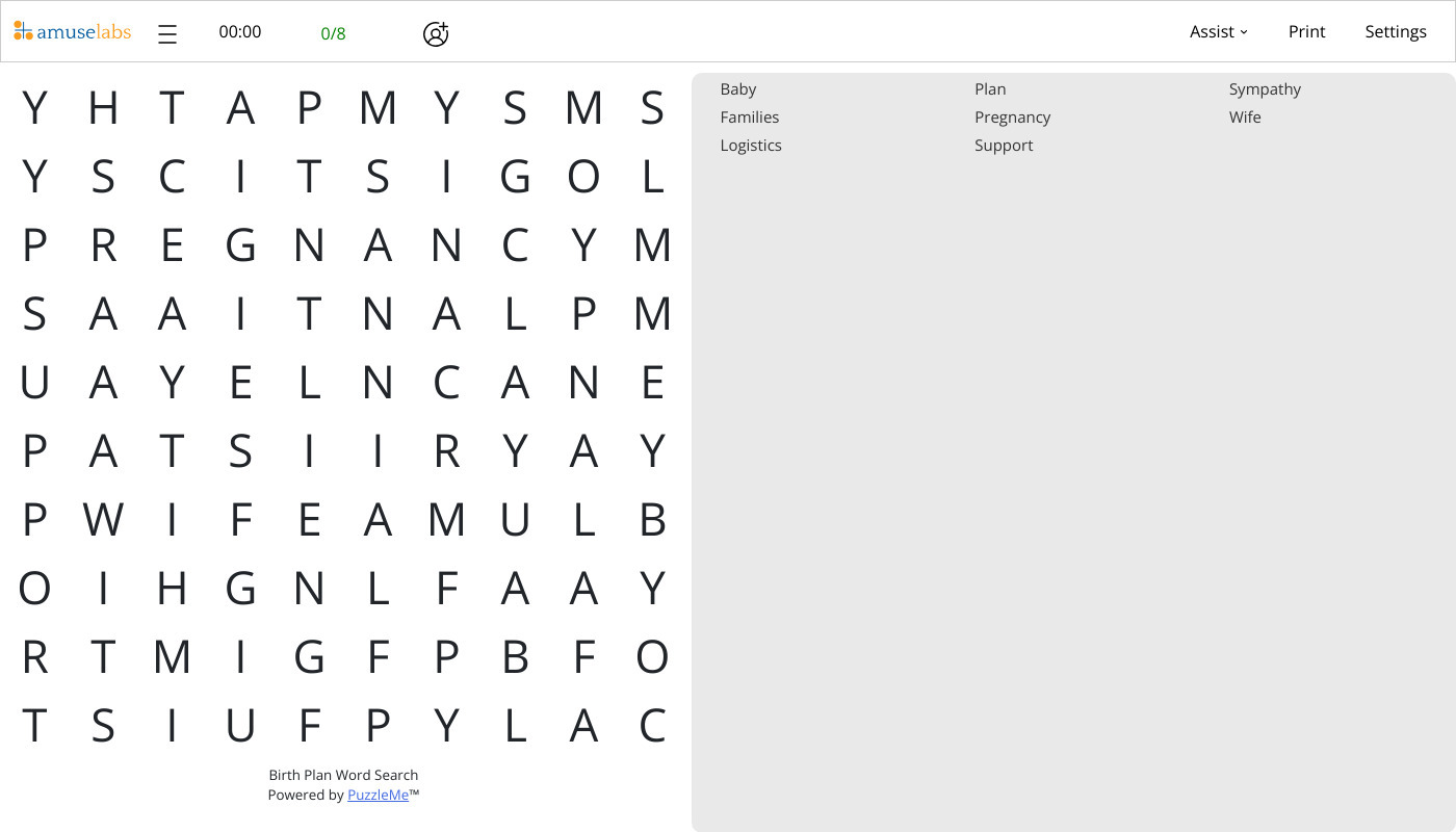 Birth Plan Word Search