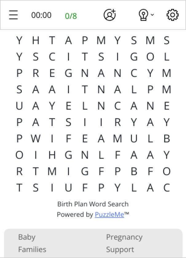 Birth Plan Word Search