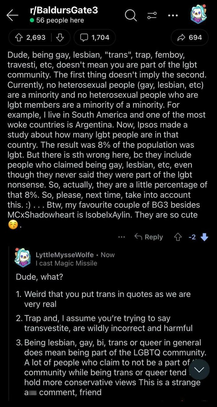 Reddit post showing discussions and corrections on LGBTQ identities, highlighting overly confident incorrect statements.