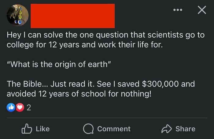 Social media post displaying overly confident incorrect person claiming to solve Earth origin query with Bible reference.