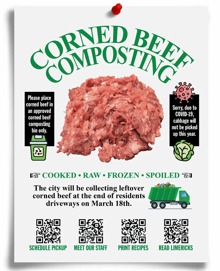 Prank-O fake flyer featuring corned beef composting notice with humorous COVID-19 message and QR codes for unexpected links.