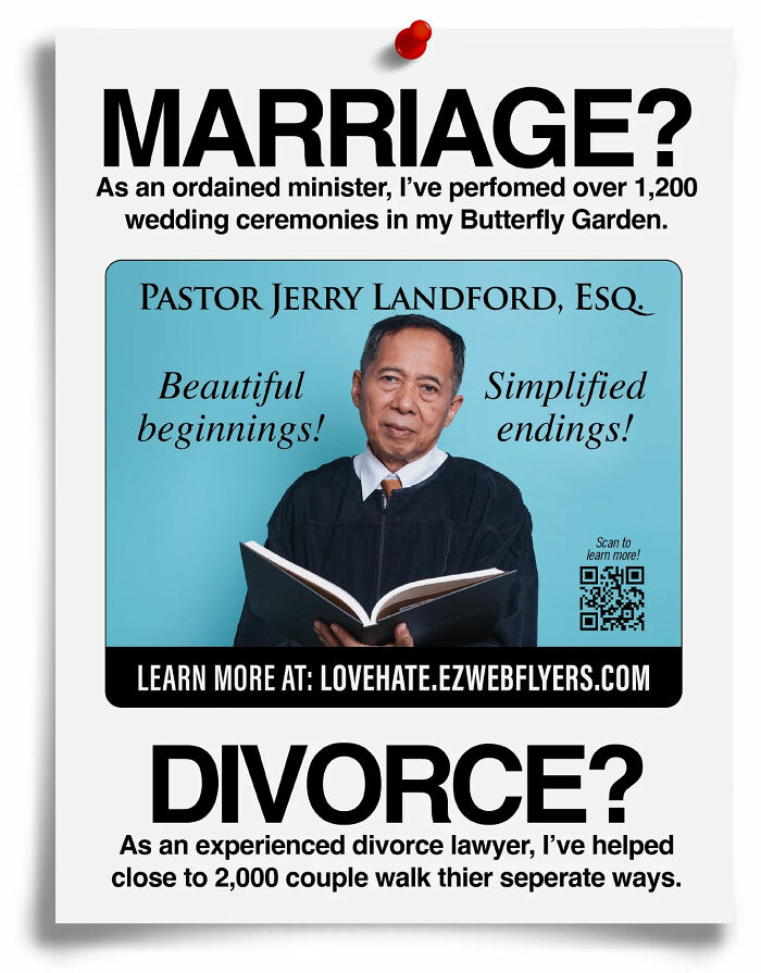 Fake flyer by Prank-O featuring a man with a book offering both marriage and divorce services.