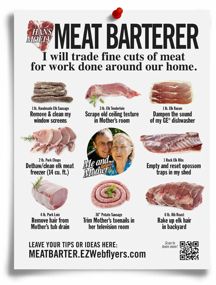 Meat barter flyer by Prank-O offering humorous trades for chores.