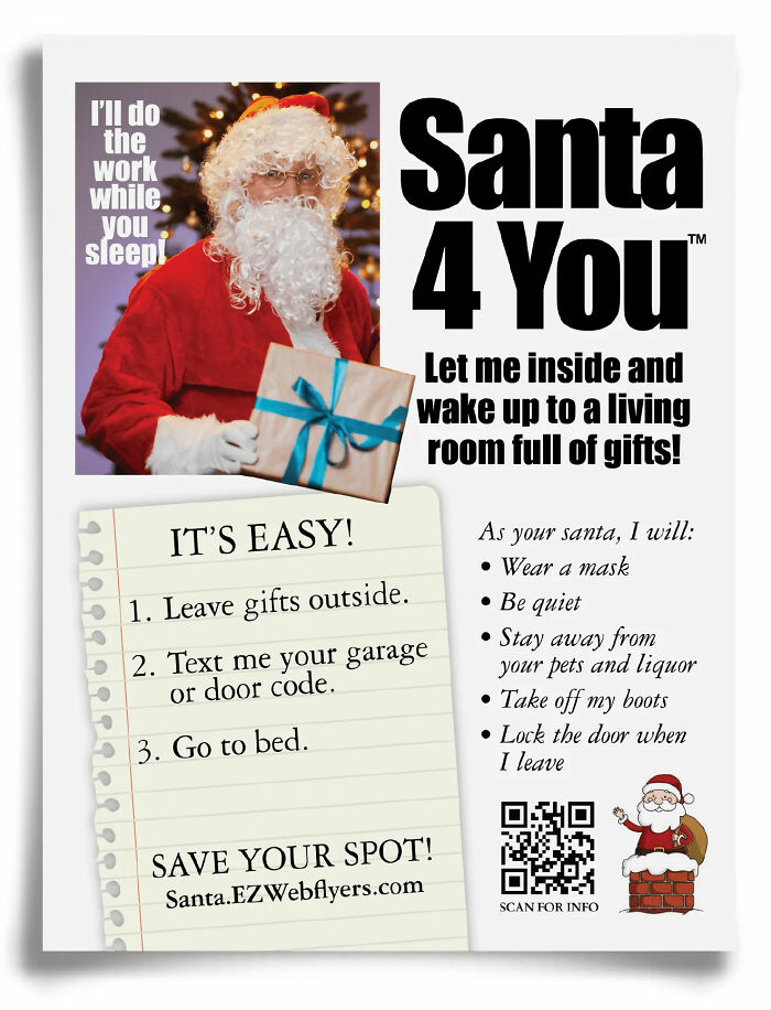 Santa prank flyer by Prank-O featuring a Santa offer to deliver gifts using a humorous checklist and instructions.