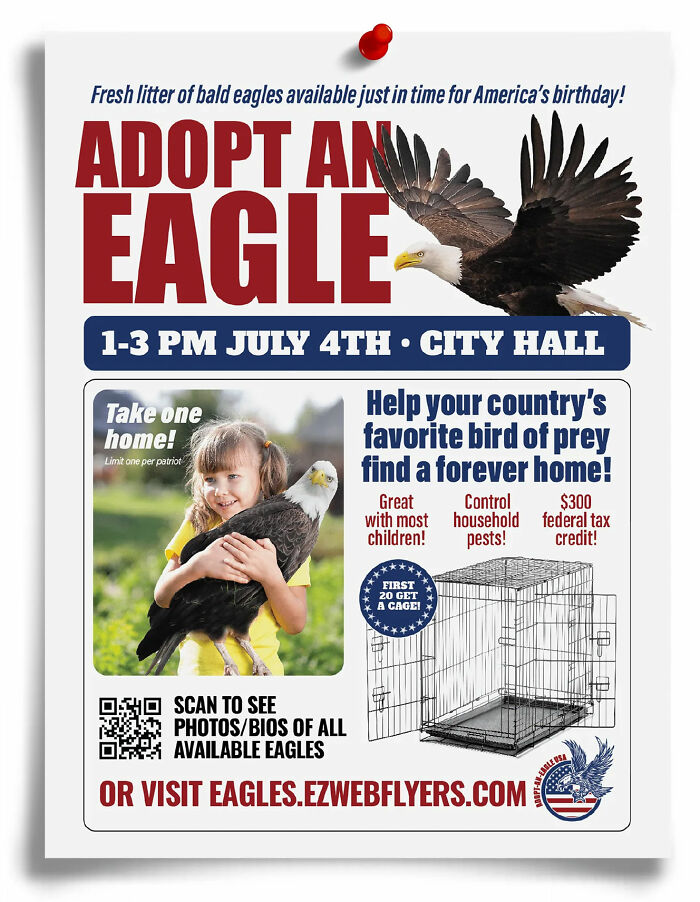 Flyer prank by Prank-O featuring an eagle adoption advertisement with a girl holding an eagle.