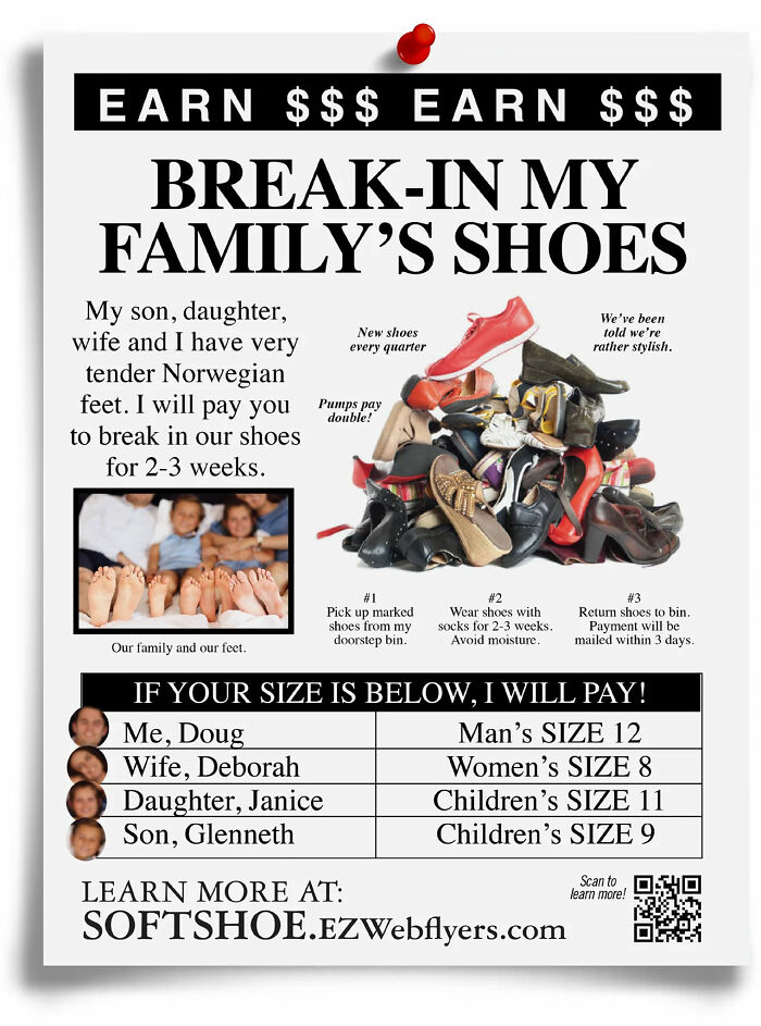 Prank-O fake flyer offering to break in shoes, featuring a humorous ad layout with shoe pile and family feet photo.