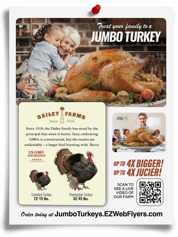 Prank flyer featuring a large roasted turkey, promoting "Prank-O" products with humor.