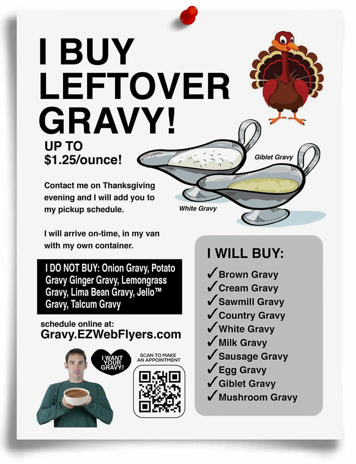 Fake flyer from Prank-O featuring a humorous advertisement for buying leftover gravy with various types listed.