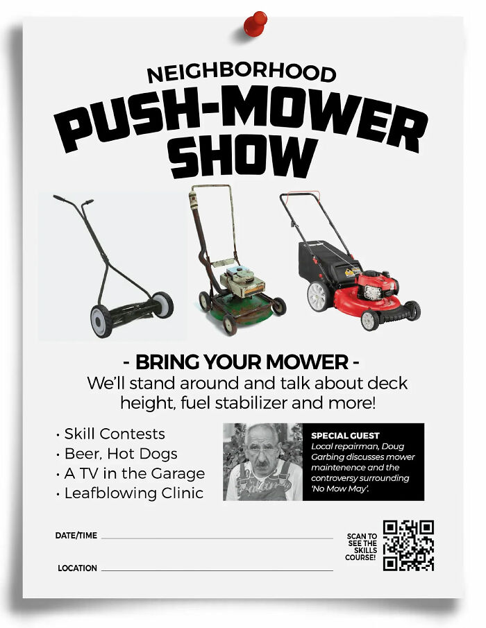 Flyer for a fake "Neighborhood Push-Mower Show" by Prank-O, featuring mower images and event details.