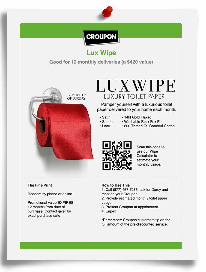 Fake Lux Wipe flyer by Prank-O offering luxury toilet paper with humorous details and instructions.