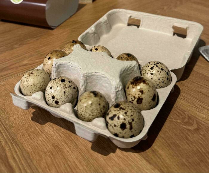 Quail eggs in a carton, an example of misleading packaging design with fewer eggs than expected.