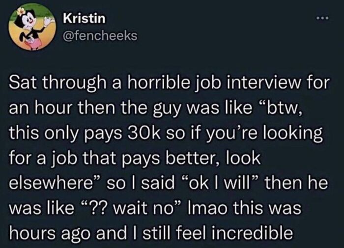 Twitter post about a funny, spot-on job interview experience.