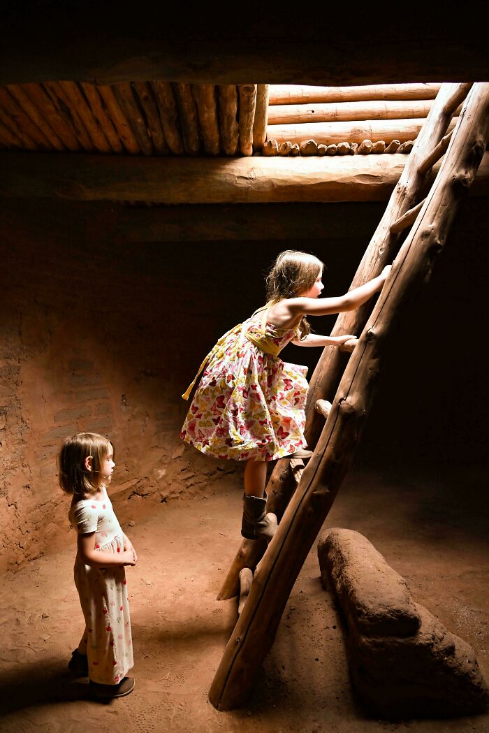 Children playing on a wooden ladder in soft light, resembling Renaissance paintings.