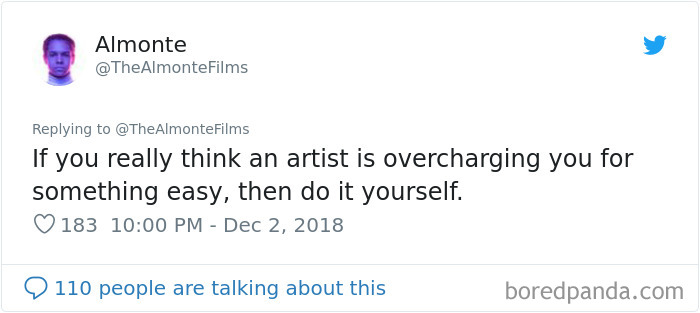 Tweet responding to a choosing beggar about art pricing and self-sufficiency.