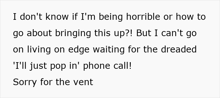 Text expressing frustration over an unexpected visit, highlighting tension in family care dynamics.