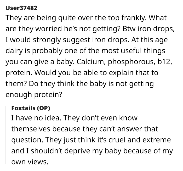 Screenshot of a discussion about a vegetarian mom worried about her baby’s diet, seeking advice online.